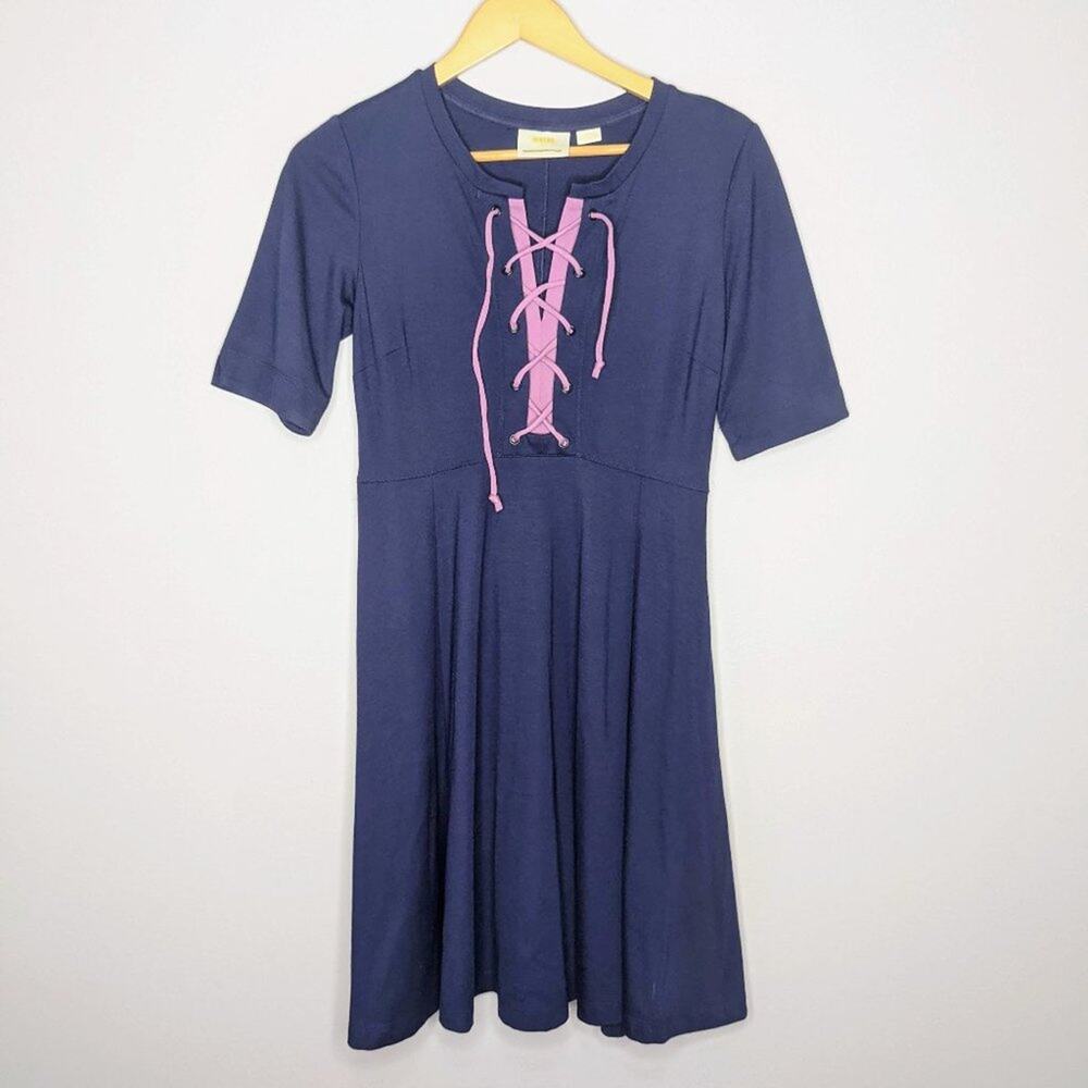 Anthropologie Maeve Blue Lace Up Neck Dress XS